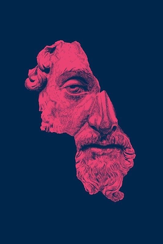 Buste de Socrate illustré en rose sur fond marine